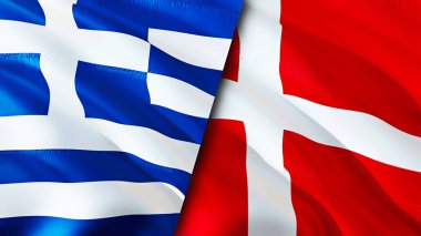 Yunanistan ve Danimarka bayrakları. 3 boyutlu dalgalanan bayrak tasarımı. Yunanistan bayrağı, resim, duvar kağıdı. Yunanistan, Danimarka imajına karşı, 3D görüntüleme. Yunanistan, ittifak ve ticaret, seyahat ve turizm kavramlarını Danimarka 'ya bağladı