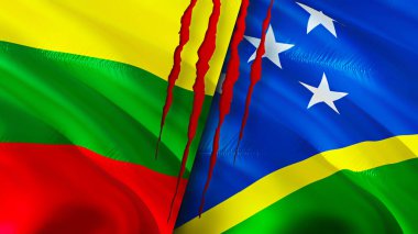 Litvanya ve Solomon Adaları yara izi olan bayraklar. Dalgalanan bayrak, 3 boyutlu görüntüleme. Litvanya ve Solomon Adaları çatışma konsepti. Litvanya Solomon Adaları ilişkileri kavramı. Litvanya bayrağı