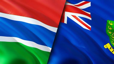Gambiya ve Britanya Virjin Adaları bayrakları. 3 boyutlu dalgalanan bayrak tasarımı. Gambiya Britanya Virjin Adaları bayrağı, resim, duvar kağıdı. Gambiya, Britanya Virjin Adaları 'na karşı. Görüntü 3 boyutlu. Gambiya İngiliz Virgi