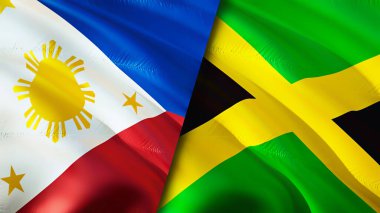 Filipinler ve Jamaika bayrakları. 3 boyutlu dalgalanan bayrak tasarımı. Filipinler Jamaika bayrağı, resim, duvar kağıdı. Filipinler, Jamaika imajına karşı, 3 boyutlu canlandırma. Filipinler Jamaika ilişkileri bir ittifak