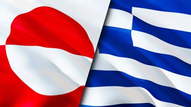 Grönland ve Yunanistan bayrakları. 3 boyutlu dalgalanan bayrak tasarımı. Grönland Yunanistan bayrağı, resim, duvar kağıdı. Grönland, Yunanistan 'a karşı, görüntü 3D. Grönland Yunanistan ilişkileri ittifak ve ticaret, seyahat, turnuva