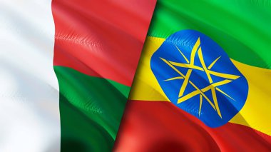 Madagaskar ve Etiyopya bayrakları. 3 boyutlu dalgalanan bayrak tasarımı. Madagaskar Etiyopya bayrağı, resim, duvar kağıdı. Madagaskar Etiyopya 'ya karşı 3 boyutlu görüntü. Madagaskar Etiyopya ilişkileri
