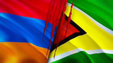 Yara izi olan Ermenistan ve Guyana bayrakları. Dalgalanan bayrak, 3 boyutlu görüntüleme. Ermenistan ve Guyana çatışma konsepti. Ermenistan Guyana ilişkileri kavramı. Ermenistan bayrağı ve Guyana krizi, savaş, saldırı konsepti