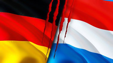 Almanya ve Lüksemburg bayraklarında yara izi var. Dalgalanan bayrak, 3 boyutlu görüntüleme. Almanya ve Lüksemburg çatışma konsepti. Almanya Lüksemburg ilişkileri kavramı. Almanya bayrağı ve Lüksemburg krizi, savaş