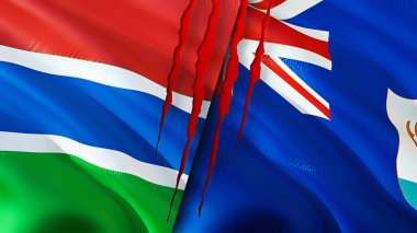 Gambiya ve Anguilla yara izi olan bayraklar. Dalgalanan bayrak, 3 boyutlu görüntüleme. Gambiya ve Anguilla çatışma konsepti. Gambiya Anguilla ilişkileri kavramı. Gambiya bayrağı ve Anguilla krizi, savaş, saldırı konsepti