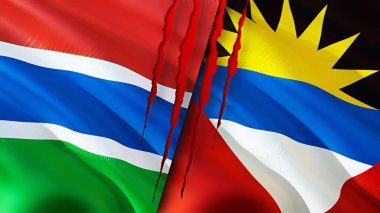 Gambiya, Antigua ve yara izi olan Barbuda bayrakları. Dalgalanan bayrak, 3 boyutlu görüntüleme. Gambiya, Antigua ve Barbuda çatışma konsepti. Gambiya Antigua ve Barbuda ilişkileri kavramı. Gambiya bayrağı