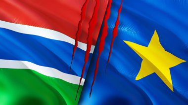 Gambiya ve DR Kongo bayrakları ve yara izi konsepti. Dalgalanan bayrak, 3 boyutlu görüntüleme. Gambiya ve DR Kongo çatışma konsepti. Gambiya DR Kongo ilişkileri kavramı. Gambiya ve DR Kongo bayrağı krizi, savaş, saldırı konsepti