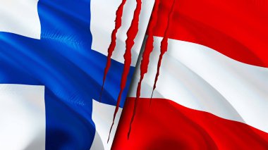 Yara izi olan Finlandiya ve Avusturya bayrakları. Dalgalanan bayrak, 3 boyutlu görüntüleme. Finlandiya ve Avusturya çatışma konsepti. Finlandiya Avusturya ilişkileri kavramı. Finlandiya bayrağı ve Avusturya krizi, savaş, saldırı konsepti