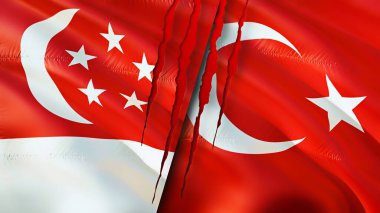 Yara izi olan Singapur ve Türkiye bayrakları. Dalgalanan bayrak, 3 boyutlu görüntüleme. Singapur ve Türkiye çatışması konsepti. Singapur Türkiye ilişkileri kavramı. Singapur bayrağı ve Türkiye krizi, savaş, attac