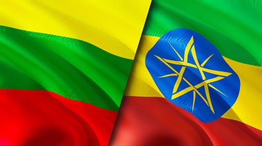 Litvanya ve Etiyopya bayrakları. 3 boyutlu dalgalanan bayrak tasarımı. Litvanya Etiyopya bayrağı, resim, duvar kağıdı. Litvanya, Etiyopya imajına karşı, 3 boyutlu canlandırma. Litvanya Etiyopya ilişkileri ittifakı