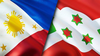 Filipinler ve Burundi bayrakları. 3 boyutlu dalgalanan bayrak tasarımı. Filipinler Burundi bayrağı, resim, duvar kağıdı. Filipinler, Burundi 'ye karşı, görüntü 3 boyutlu. Filipinler Burundi ilişkileri