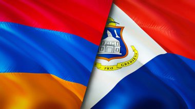Ermenistan ve Sint Maarten bayrakları. 3 boyutlu dalgalanan bayrak tasarımı. Ermenistan Sint Maarten bayrağı, resim, duvar kağıdı. Ermenistan, Sint Maarten 'e karşı 3 boyutlu görüntü. Ermenistan Sint Maarten İlişkiler Birliği