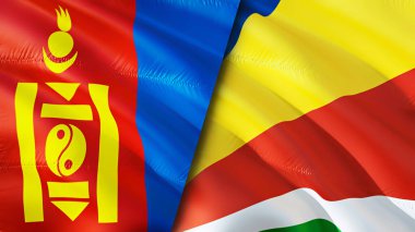 Moğolistan ve Seyşel bayrakları. 3 boyutlu dalgalanan bayrak tasarımı. Moğolistan Seyşeller bayrağı, resim, duvar kağıdı. Moğolistan, Seyşeller 'in 3D görüntüsüne karşı. Moğolistan Seyşeller ilişkiler ittifakı