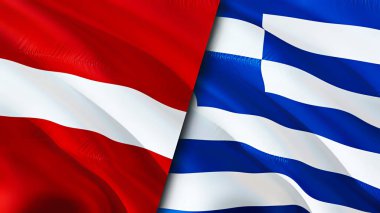 Letonya ve Yunanistan bayrakları. 3 boyutlu dalgalanan bayrak tasarımı. Letonya Yunanistan bayrağı, resim, duvar kağıdı. Letonya, Yunanistan 'a karşı görüntü, 3D görüntüleme. Letonya Yunanistan ilişkileri ittifak ve ticaret, seyahat ve turizm konsepti
