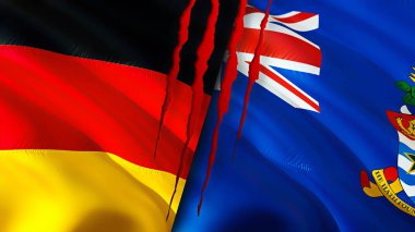 Almanya ve Cayman Adaları yara izi olan bayraklar. Dalgalanan bayrak, 3 boyutlu görüntüleme. Almanya ve Cayman Adaları çatışma konsepti. Almanya Cayman Adaları ilişkileri kavramı. Almanya ve Cayma bayrağı