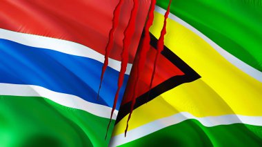 Gambiya ve Guyana yara izi olan bayraklar. Dalgalanan bayrak, 3 boyutlu görüntüleme. Gambiya ve Guyana çatışma konsepti. Gambiya Guyana ilişkileri kavramı. Gambiya ve Guyana bayrağı krizi, savaş, saldırı konsepti