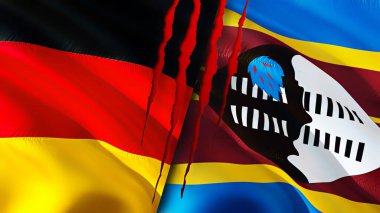 Almanya ve Eswatini yara izi kavramına sahip bayraklar. Dalgalanan bayrak, 3 boyutlu görüntüleme. Almanya ve Eswatini çatışma konsepti. Almanya Eswatini ilişkileri kavramı. Almanya bayrağı ve Eswatini krizi, savaş, attac