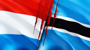Lüksemburg ve Botswana bayraklarında yara izi var. Dalgalanan bayrak, 3 boyutlu görüntüleme. Lüksemburg ve Botswana çatışma konsepti. Lüksemburg Botsvana ilişkileri kavramı. Lüksemburg ve Botswan bayrağı