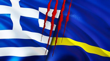 Yunanistan ve Curacao bayraklarında yara izi var. Dalgalanan bayrak, 3 boyutlu görüntüleme. Yunanistan ve Curacao çatışma konsepti. Yunanistan Curacao ilişkileri kavramı. Yunanistan bayrağı ve Curacao krizi, savaş, saldırı konsepti
