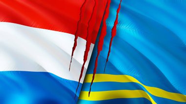 Lüksemburg ve yara izi olan Aruba bayrakları. Dalgalanan bayrak, 3 boyutlu görüntüleme. Lüksemburg ve Aruba çatışma konsepti. Lüksemburg Aruba ilişkileri kavramı. Lüksemburg bayrağı ve Aruba krizi, savaş, attac