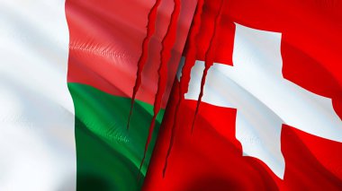 Madagaskar ve İsviçre bayrakları yara izi konseptiyle. Dalgalanan bayrak, 3 boyutlu görüntüleme. Madagaskar ve İsviçre çatışma konsepti. Madagaskar İsviçre ilişkileri kavramı. Madagaskar bayrağı