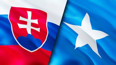 Slovakya ve Somali bayrakları. 3 boyutlu dalgalanan bayrak tasarımı. Slovakya Somali bayrağı, resim, duvar kağıdı. Slovakya, Somali imajına karşı, 3 boyutlu canlandırma. Slovakya Somali İlişkileri İttifak ve Ticaret, Seyahat, Turnuva