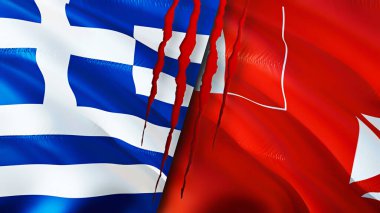 Yunanistan, Wallis ve Futuna bayrakları yara izi kavramına sahip. Dalgalanan bayrak, 3 boyutlu görüntüleme. Yunanistan ve Wallis ve Futuna çatışma konsepti. Yunanistan Wallis ve Futuna ilişkileri kavramı. Yunanistan ve Walli bayrağı