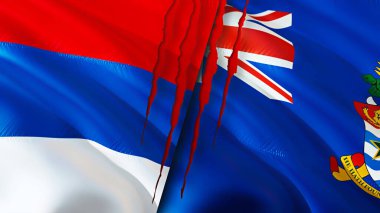 Sırbistan ve Cayman Adaları yara izi kavramına sahip. Dalgalanan bayrak, 3 boyutlu görüntüleme. Sırbistan ve Cayman Adaları ihtilaf kavramı. Sırbistan Cayman Adaları ilişkileri kavramı. Sırbistan ve Cayman Adası bayrağı
