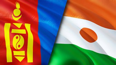 Moğolistan ve Nijer bayrakları. 3 boyutlu dalgalanan bayrak tasarımı. Moğolistan Nijer bayrağı, resim, duvar kağıdı. Moğolistan, Nijer imajına karşı, 3 boyutlu canlandırma. Moğolistan Nijer ilişkileri ittifak ve ticaret, seyahat, turizm konsepti