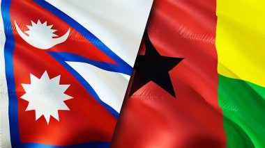 Nepal ve Gine Bissau bayrakları. 3 boyutlu dalgalanan bayrak tasarımı. Nepal Gine Bissau bayrağı, resim, duvar kağıdı. Nepal vs Gine Bissau görüntüsü, 3D görüntüleme. Nepal Gine Bissau İlişkiler Birliği