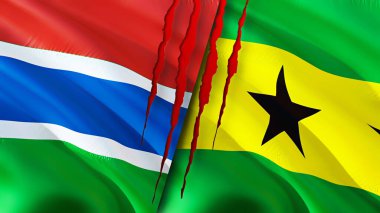Gambiya, Sao Tome ve Principe bayrakları ve yara izi konsepti. Dalgalanan bayrak, 3 boyutlu görüntüleme. Gambiya ve Sao Tome ve Principe çatışma konsepti. Gambia Sao Tome ve Principe ilişkileri kavramı. Gambi bayrağı