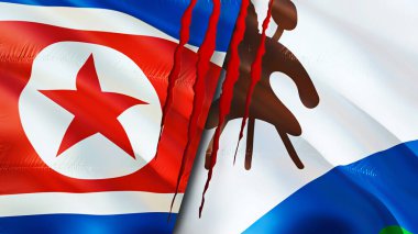 Yara izi olan Kuzey Kore ve Lesotho bayrakları. Dalgalanan bayrak, 3 boyutlu görüntüleme. Kuzey Kore ve Lesotho çatışma konsepti. Kuzey Kore Lesotho ilişkileri kavramı. Kuzey Kore ve Lesoth bayrağı