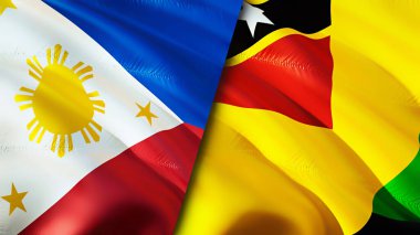 Filipinler ve Nevis Adası bayrakları. 3 boyutlu dalgalanan bayrak tasarımı. Filipinler Nevis Adası bayrağı, resim, duvar kağıdı. Filipinler, Nevis Adası 'na karşı, görüntü 3 boyutlu. Filipinler Nevis Adası ilişkisi