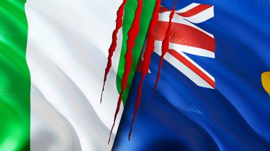 Nijerya ve Saint Helena bayrakları yara izi konseptiyle. Dalgalanan bayrak, 3 boyutlu görüntüleme. Nijerya ve Saint Helena çatışma konsepti. Nijerya Saint Helena ilişkileri kavramı. Nijerya bayrağı ve Aziz Helen