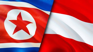 Kuzey Kore ve Avusturya bayrakları. 3 boyutlu dalgalanan bayrak tasarımı. Kuzey Kore Avusturya bayrağı, resim, duvar kağıdı. Kuzey Kore Avusturya 'ya karşı, görüntü 3D. Kuzey Kore Avusturya İttifakı