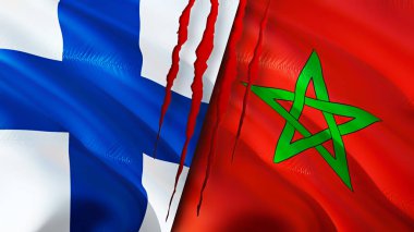 Finlandiya ve Fas bayraklarında yara izi var. Dalgalanan bayrak, 3 boyutlu görüntüleme. Finlandiya ve Fas çatışması konsepti. Finlandiya 'nın Fas ilişkileri kavramı. Finlandiya bayrağı ve Fas krizi, savaş, saldırı konsepti