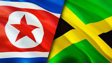 Kuzey Kore ve Jamaika bayrakları. 3 boyutlu dalgalanan bayrak tasarımı. Kuzey Kore Jamaika bayrağı, resim, duvar kağıdı. Kuzey Kore, Jamaika imajına karşı, 3D görüntüleme. Kuzey Kore Jamaika ilişkileri bir ittifak