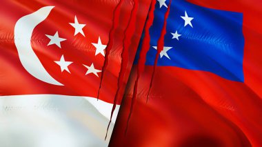 Yara izi olan Singapur ve Samoa bayrakları. Dalgalanan bayrak, 3 boyutlu görüntüleme. Singapur ve Samoa çatışma konsepti. Singapur Samoa ilişkileri kavramı. Singapur bayrağı ve Samoa krizi, savaş, saldırı konsepti