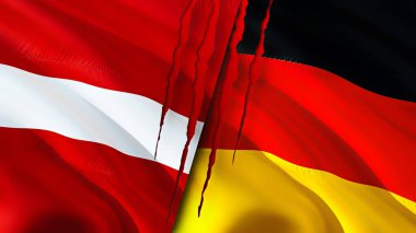 Letonya ve Almanya yara izi olan bayraklar. Dalgalanan bayrak, 3 boyutlu görüntüleme. Letonya ve Almanya çatışma konsepti. Letonya Almanya ilişkileri kavramı. Letonya ve Almanya bayrağı kriz, savaş, saldırı konsepti