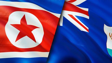 Kuzey Kore ve Anguilla bayrakları. 3 boyutlu dalgalanan bayrak tasarımı. Kuzey Kore Anguilla bayrağı, resim, duvar kağıdı. Kuzey Kore, Anguilla 'ya karşı, görüntü 3 boyutlu. Kuzey Kore Anguilla ilişkileri