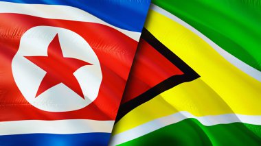 Kuzey Kore ve Guyana bayrakları. 3 boyutlu dalgalanan bayrak tasarımı. Kuzey Kore Guyana bayrağı, resim, duvar kağıdı. Kuzey Kore, Guyana 'ya karşı, görüntü 3 boyutlu. Kuzey Kore Guyana ilişkileri