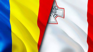 Romanya ve Malta bayrakları. 3 boyutlu dalgalanan bayrak tasarımı. Romanya Malta bayrağı, resim, duvar kağıdı. Romanya, Malta 'ya karşı imaj, 3D görüntüleme. Romanya Malta ilişkileri ittifak ve ticaret, seyahat ve turizm konsepti