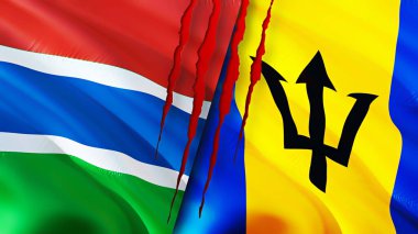 Gambiya ve Barbados yara izi olan bayraklar. Dalgalanan bayrak, 3 boyutlu görüntüleme. Gambiya ve Barbados çatışma konsepti. Gambiya Barbados ilişkileri kavramı. Gambiya ve Barbados bayrağı krizi, savaş, saldırı konsepti