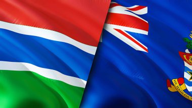 Gambiya ve Cayman Adaları bayrakları. 3 boyutlu dalgalanan bayrak tasarımı. Gambia Cayman Adaları bayrağı, resim, duvar kağıdı. Gambiya, Cayman Adaları 'na karşı. Görüntü 3 boyutlu. Gambiya Cayman Adaları İlişkiler Birliği