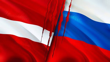 Letonya ve Rusya yara izi kavramına sahip. Dalgalanan bayrak, 3 boyutlu görüntüleme. Letonya ve Rusya çatışma konsepti. Letonya Rusya ilişkileri kavramı. Letonya bayrağı ve Rusya krizi, savaş, saldırı konsepti