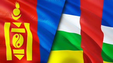 Moğolistan ve Orta Afrika Cumhuriyeti bayrakları. 3 boyutlu dalgalanan bayrak tasarımı. Moğolistan Orta Afrika Cumhuriyeti bayrağı, resim, duvar kağıdı. Moğolistan, Orta Afrika Cumhuriyeti 'ne karşı, görüntü 3D. Moğolca