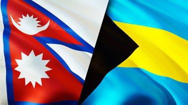 Nepal ve Bahamalar bayrakları. 3 boyutlu dalgalanan bayrak tasarımı. Nepal Bahamalar bayrağı, resim, duvar kağıdı. Nepal, Bahamalar 'a karşı, görüntü 3 boyutlu. Nepal Bahamalar ilişkileri ittifak ve ticaret, seyahat, turizm konsepti