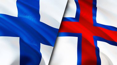 Finlandiya ve Faroe Adaları bayrakları. 3 boyutlu dalgalanan bayrak tasarımı. Finlandiya Faroe Adaları bayrağı, resim, duvar kağıdı. Finlandiya, Faroe Adaları 'na karşı. Görüntü 3D. Finlandiya Faroe Adaları İlişkiler Birliği