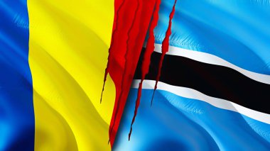 Romanya ve Botswana yara izi kavramına sahip bayraklar. Dalgalanan bayrak, 3 boyutlu görüntüleme. Romanya ve Botswana ihtilaf konsepti. Romanya Botswana ilişkileri kavramı. Romanya bayrağı ve Botswana krizi, savaş, attac