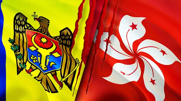 Moldova and Hong Kong flags with scar concept. Waving flag,3D rendering. Moldova and Hong Kong conflict concept. Moldova Hong Kong relations concept. flag of Moldova and Hong Kong crisis,war, attac
